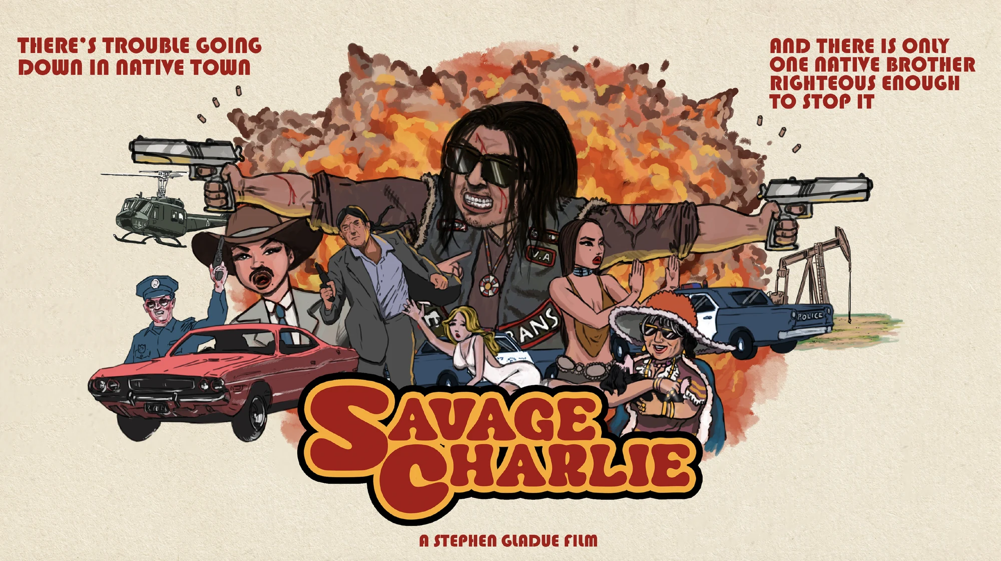 Savage Charlie key art: an illustrated ensemble in front of an explosion, in seventies action-poster style.